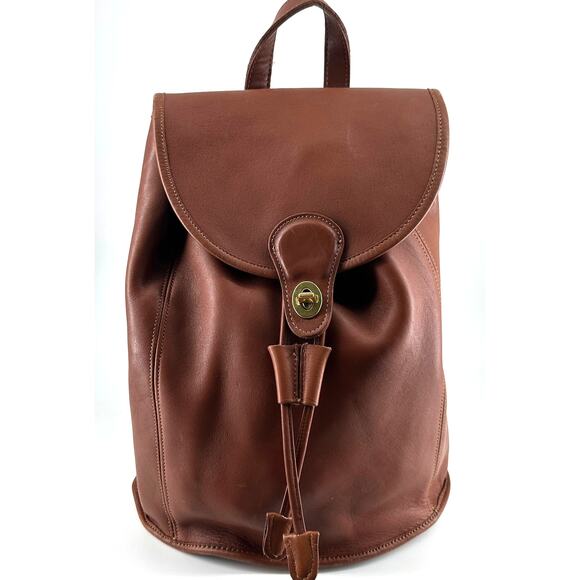 Vintage Coach Brown Leather Backpack Drawstring Flap Turnlock Bag Unisex - Picture 1 of 13